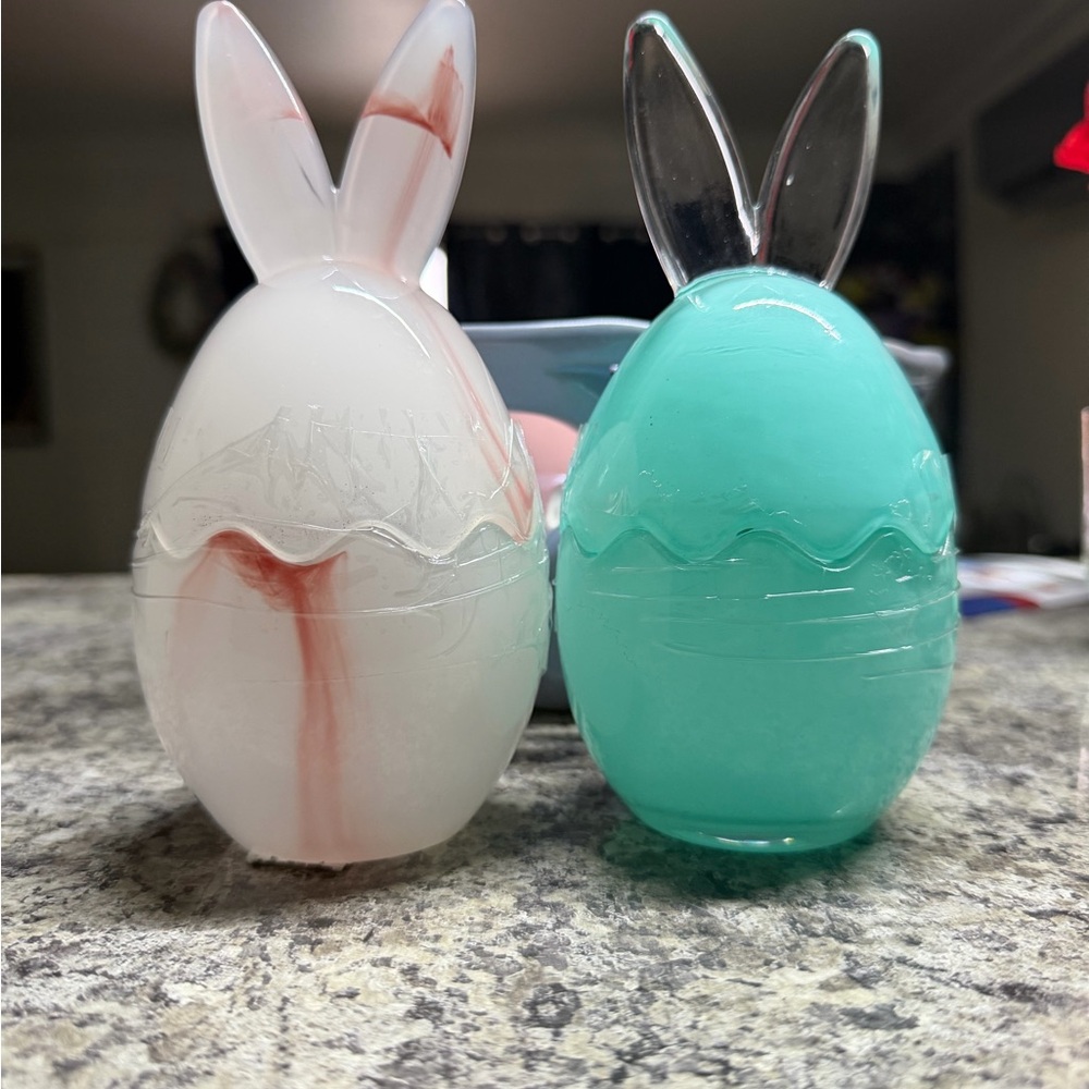 Set of 2 Glass Easter Bunny Candy Jars – Teal & Marbled Egg Shaped Canisters
